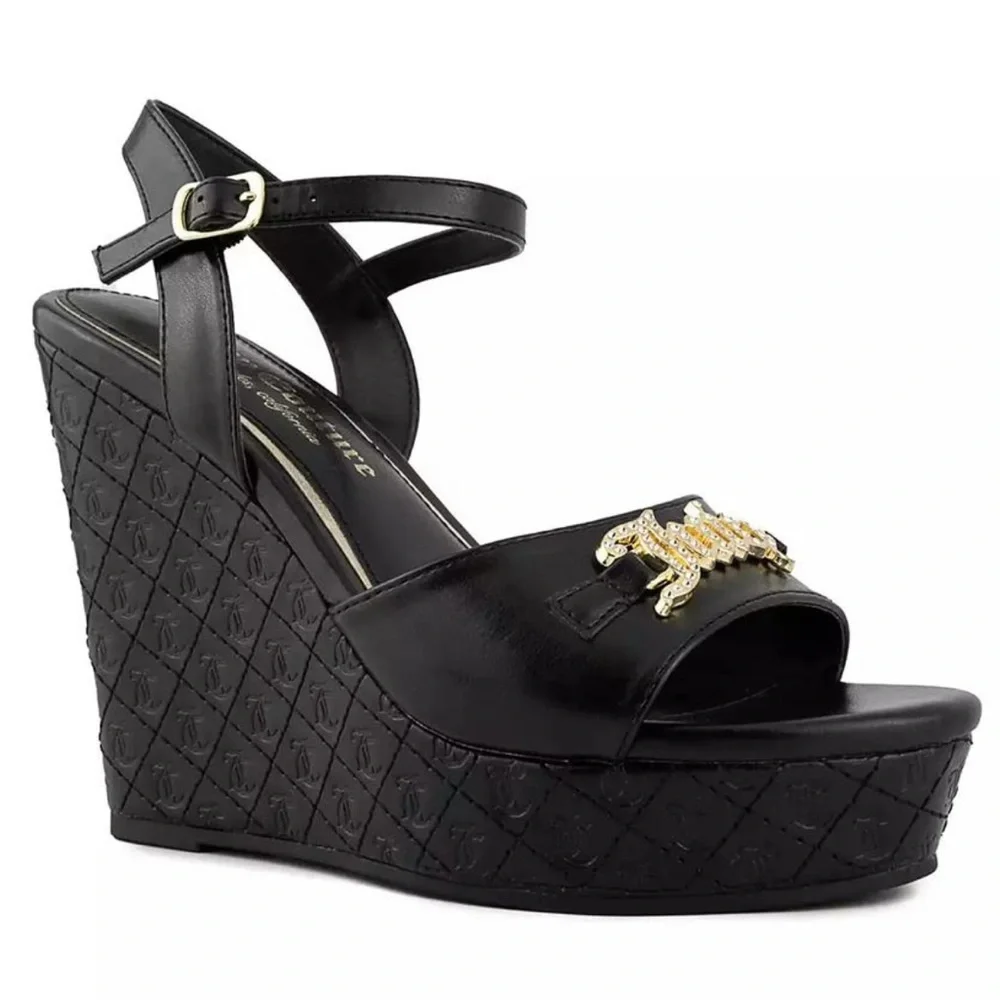 Black‎ Wedge Sandals with Gold Accent